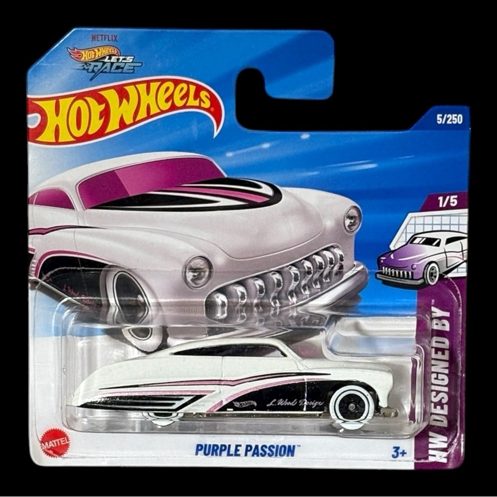 [4/$25] 2025 HOT WHEELS PURPLE PASSION WHITE HW DESIGNED BY 1/5 5/250 SHORT CARD